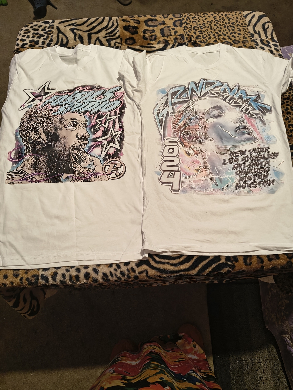 SHEIN White Short Sleeve Graphic Tee with Neon Portraits